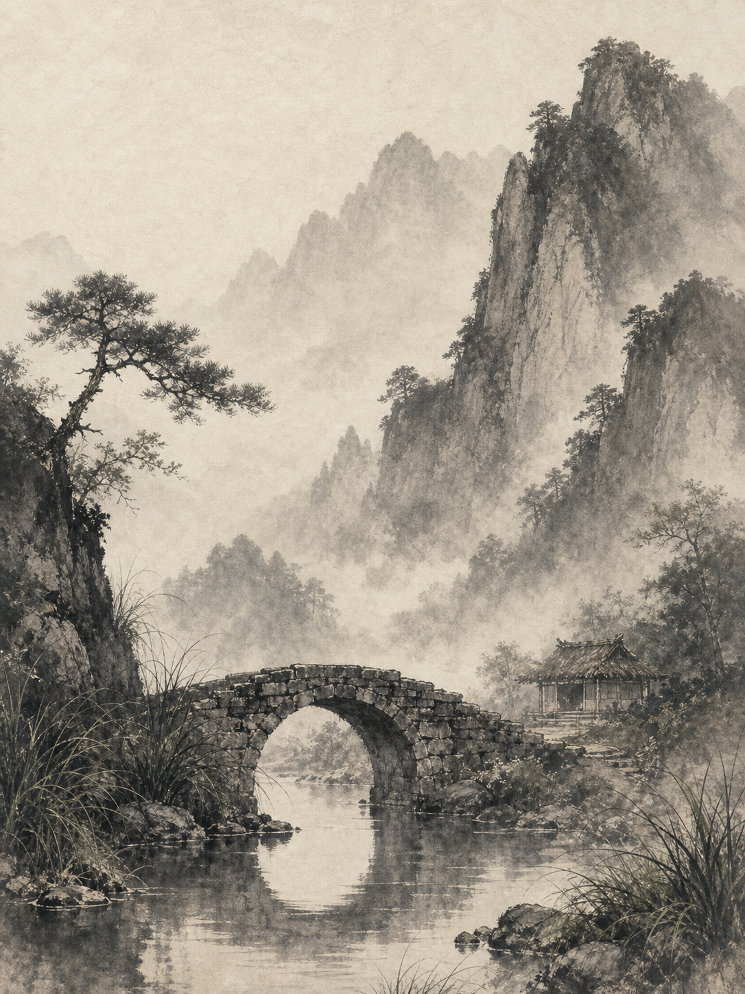 Ink wash sansui painting of a stone bridge over quiet water