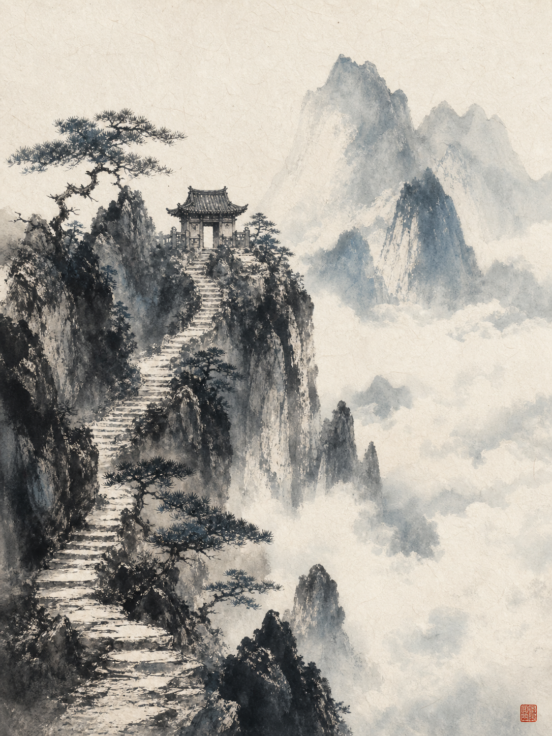 Ink wash sansui painting of a remote mountain temple above clouds